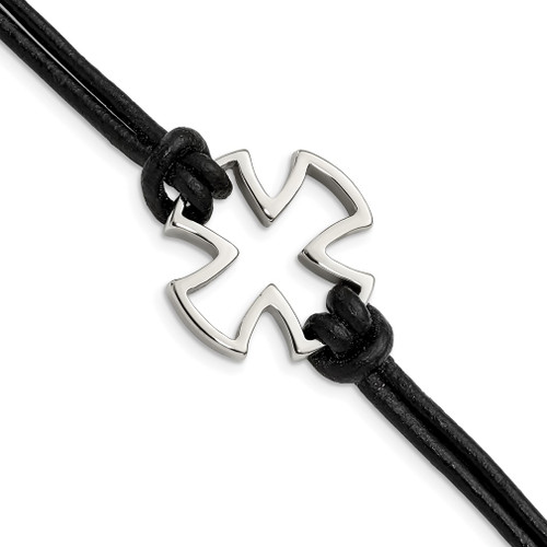 Lex & Lu Chisel Stainless Steel Polished Cross Black Leather Bracelet 29'' - Lex & Lu