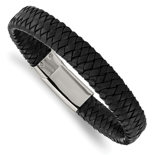 Lex & Lu Chisel Stainless Steel Polished Black Woven Leather Bracelet 8.5'' - Lex & Lu