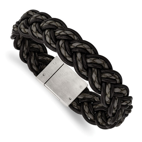 Lex & Lu Chisel Stainless Steel Brushed Black & Grey Woven Leather Bracelet 8.5'' - Lex & Lu