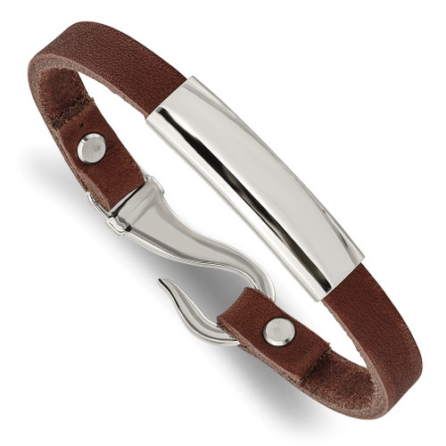 Lex & Lu Chisel Stainless Steel ID & Reddish Brown Leather Bracelet 8.5'' - Lex & Lu