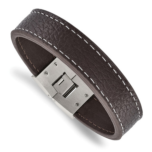 Lex & Lu Chisel Stainless Steel Polished Brown Leather Bracelet 8'' - Lex & Lu