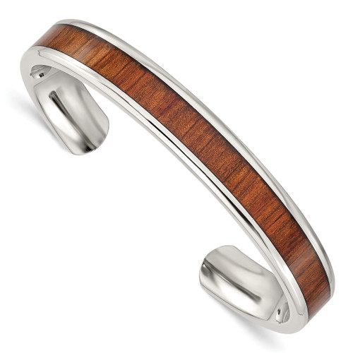 Lex & Lu Chisel Stainless Steel Polished Red/Orange Wood Inlay Bangle - Lex & Lu