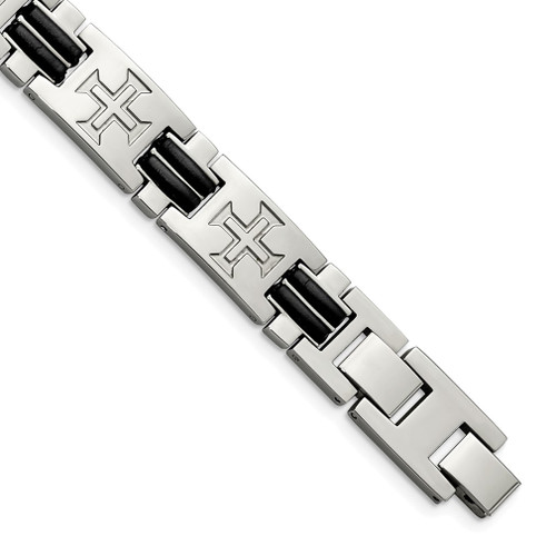 Lex & Lu Chisel Stainless Steel Black Rubber Cross Adjustable Bracelet 8.5'' - Lex & Lu