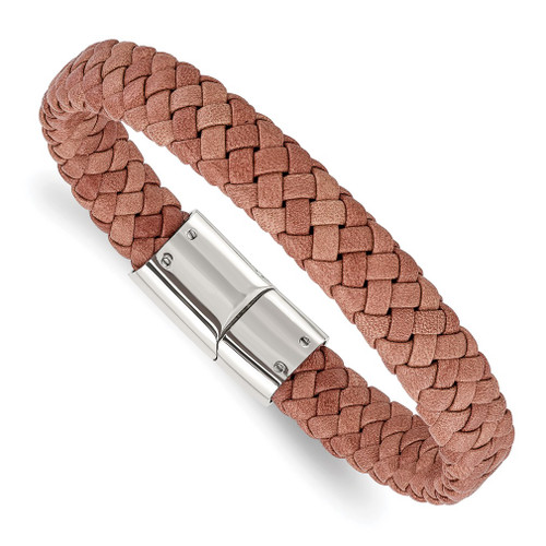 Lex & Lu Chisel Stainless Steel Polished Woven Brown Leather Bracelet 8.25'' - Lex & Lu