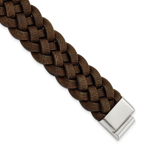 Lex & Lu Chisel Stainless Steel Polished Woven Brown Leather Bracelet 8.75'' - Lex & Lu