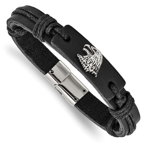 Lex & Lu Chisel Stainless Steel Antiqued Eagle Head Black Leather Bracelet 8.5'' - Lex & Lu