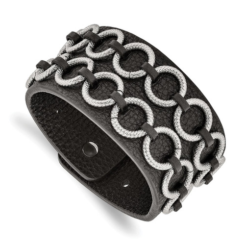 Lex & Lu Chisel Stainless Steel Polished Textured Black Leather Bracelet 7.75'' - Lex & Lu