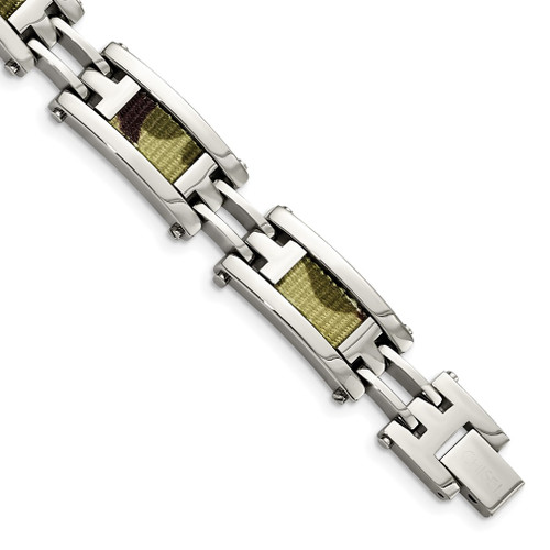 Lex & Lu Chisel Stianless Steel w/Brown Camo Fabric Inlay Link Bracelet 8.75'' - Lex & Lu