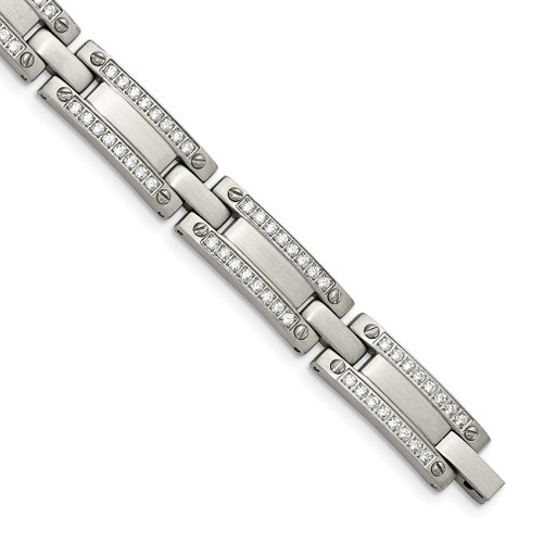 Lex & Lu Chisel Stainless Steel Brushed CZ Link Bracelet 8.5'' LAL37866 - Lex & Lu