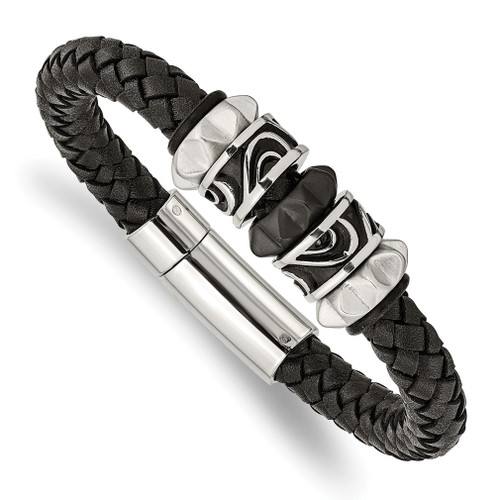 Lex & Lu Chisel Stainless Steel Antiqued Blk IP Blk Leather Bracelet 8.5'' - Lex & Lu