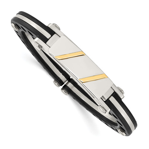 Lex & Lu Chisel Stainless Steel Black PVC & 14k Yellow Inlay Hinged Bangle - Lex & Lu