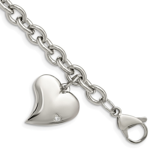 Lex & Lu Chisel Stainless Steel CZ Heart Charm Fancy Bracelet 7.5'' LAL38049 - Lex & Lu