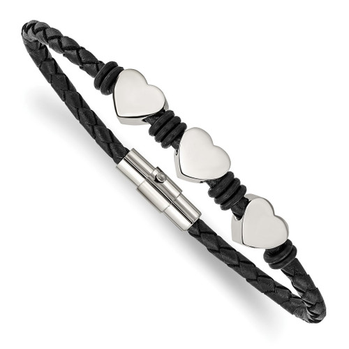 Lex & Lu Chisel Stainless Steel Black Leather w/Polished Hearts Bracelet 7.5'' - Lex & Lu