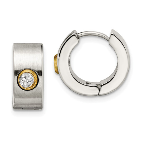 Lex & Lu Chisel Stainless Steel CZ & Yellow Plated Hinged Hoop Earrings 9mm - Lex & Lu