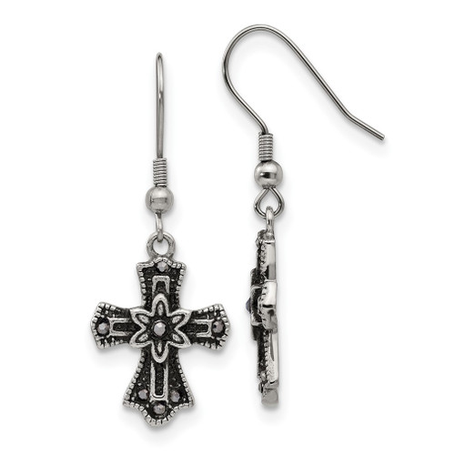 Lex & Lu Chisel Stainless Steel Antiqued Blk Crystal Cross Hook Earrings - Lex & Lu