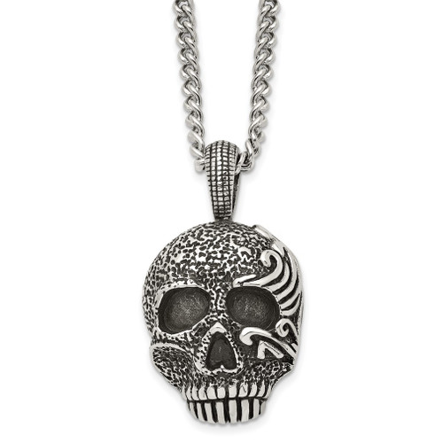 Lex & Lu Chisel Stainless Steel Antiqued & Textured Skull Necklace 24'' - Lex & Lu