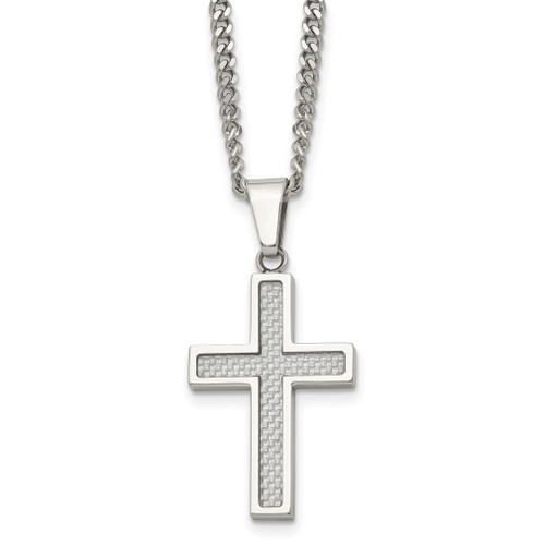 Lex & Lu Chisel Stainless Steel Grey Carbon Fiber Small Cross Necklace 20'' - Lex & Lu