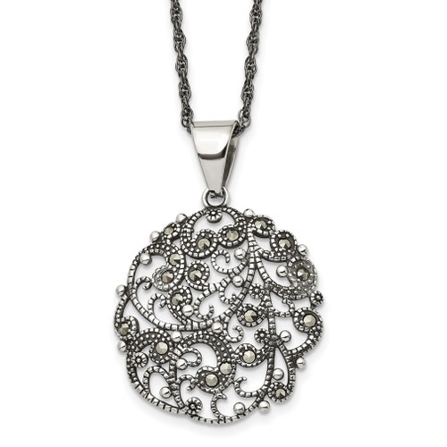 Lex & Lu Chisel Stainless Steel Marcasite Textured Circle Necklace 20'' - Lex & Lu
