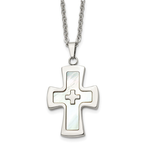 Lex & Lu Chisel Stainless Steel Mother Of Pearl Cross Necklace 22'' LAL39762 - Lex & Lu