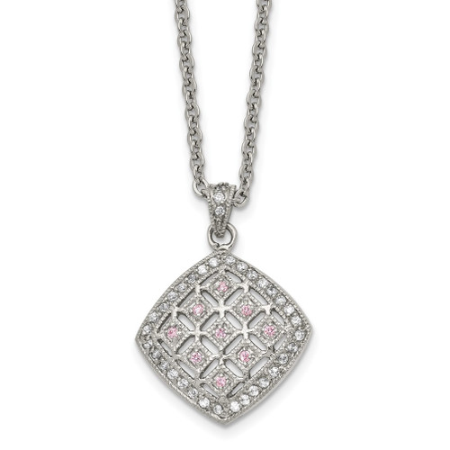 Lex & Lu Chisel Stainless Steel Polished Clear and Pink CZ Square Necklace 18'' - Lex & Lu