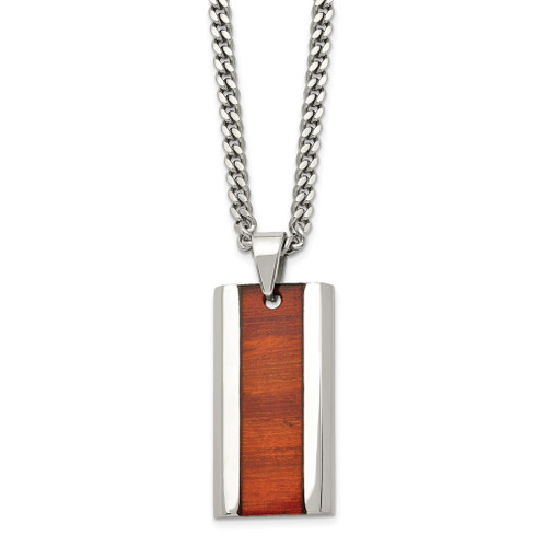 Lex & Lu Chisel Stainless Steel Polished Red Wood Inlay Enameled Necklace 20'' - Lex & Lu