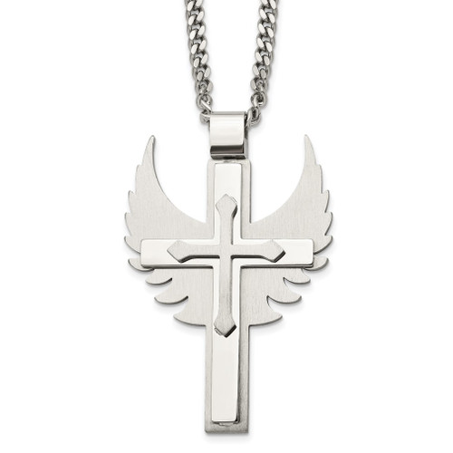 Lex & Lu Chisel Stainless Steel Polished/Brushed Cross w/Wings Necklace 20'' - Lex & Lu