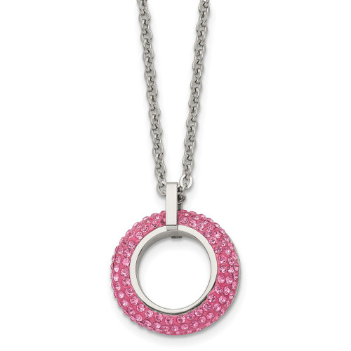 Lex & Lu Chisel Stainless Steel Polished w/Pink Crystal Circle Necklace 18'' - Lex & Lu