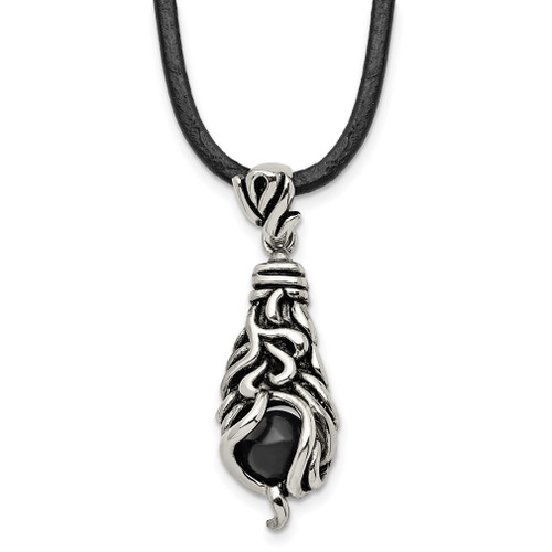 Lex & Lu Chisel Stainless Steel Antiqued Moveable Blk Agate Necklace 20'' - Lex & Lu