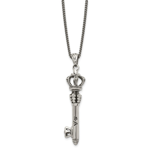 Lex & Lu Chisel Stainless Steel Polished and Antiqued Crown Key Necklace 20'' - Lex & Lu