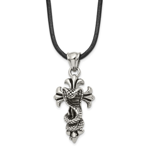 Lex & Lu Chisel Stainless Steel Polished & Antiqued Snake & Cross Necklace 20'' - Lex & Lu