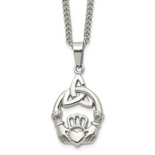 Lex & Lu Chisel Stainless Steel Polished Trinity Knot and Claddagh Necklace 18'' - Lex & Lu