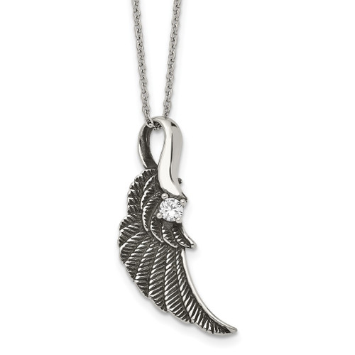 Lex & Lu Chisel Stainless Steel Antiqued & Polished w/Crystal Wing Necklace 20'' - Lex & Lu