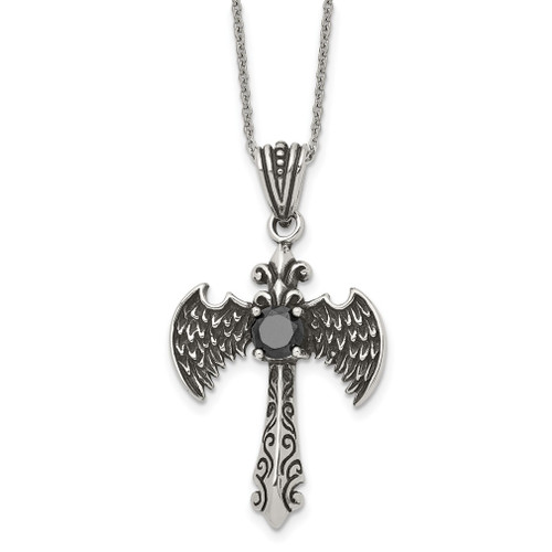 Lex & Lu Chisel Stainless Steel Antiqued w/Black CZ Cross Necklace 20'' - Lex & Lu