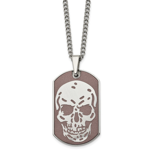 Lex & Lu Chisel Stainless Steel Brown Plated Skull Dog Tag Necklace 24'' - Lex & Lu