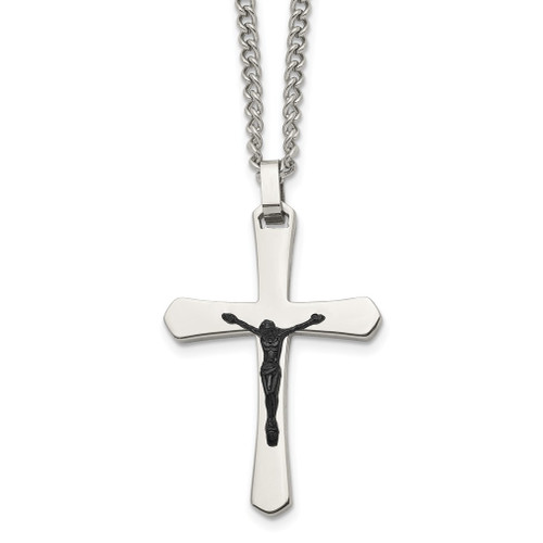 Lex & Lu Chisel Stainless Steel Polished Cross w/Black IP Jesus Necklace 24'' - Lex & Lu