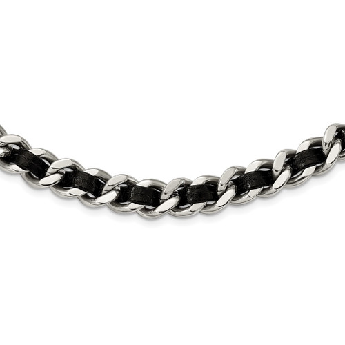 Lex & Lu Chisel Stainless Steel Polished Blk Leather Curb Chain Necklace 15'' - Lex & Lu