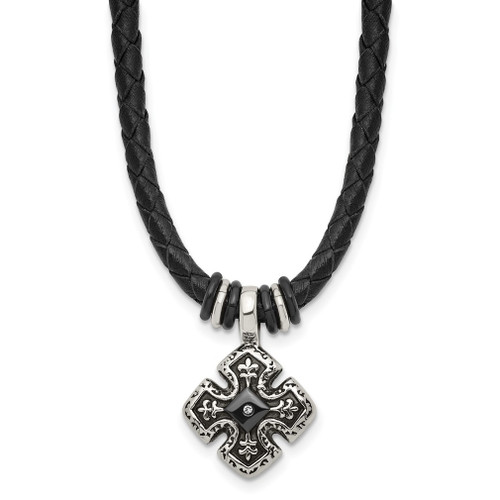 Lex & Lu Chisel Stainless Steel Black IP Braided Blk Leather CZ Necklace 21'' - Lex & Lu