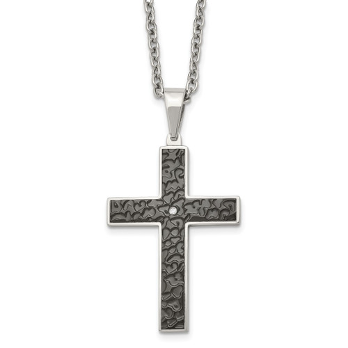 Lex & Lu Chisel Stainless Steel Polished Black IP Textured CZ Cross Necklace 24'' - Lex & Lu