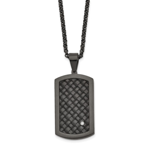 Lex & Lu Chisel Stainless Steel Blk Leather Blk IP CZ Dogtag Necklace 24'' - Lex & Lu