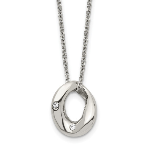 Lex & Lu Chisel Stainless Steel Polished Wavy Circle 2 Crystal Necklace 18'' - Lex & Lu