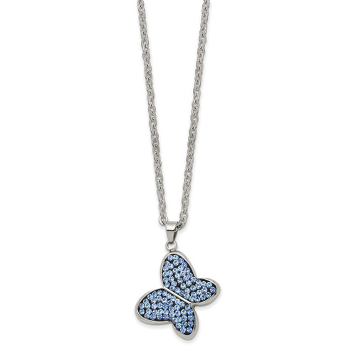 Lex & Lu Chisel Stainless Steel Polished Blue Crystal Butterfly Necklace 22'' - Lex & Lu