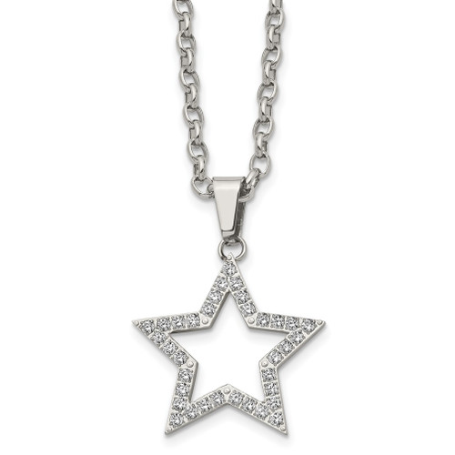 Lex & Lu Chisel Stainless Steel Polished Round CZ Star Necklace 18'' - Lex & Lu
