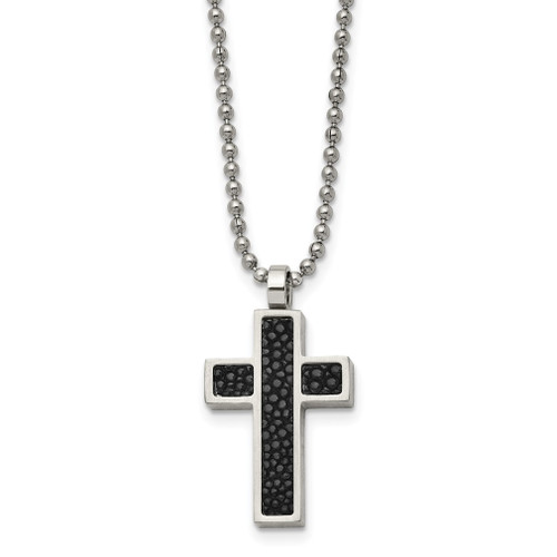 Lex & Lu Chisel Stainless Steel Blk Stingray Leather Cross Pendant Necklace 24'' - Lex & Lu