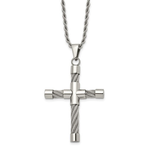 Lex & Lu Chisel Stainless Steel Polished & Wire Cross Pendant Necklace 22'' - Lex & Lu