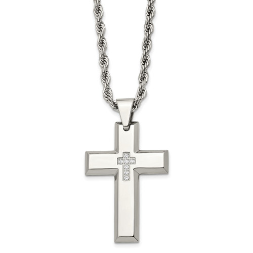 Lex & Lu Chisel Stainless Steel Cross w/CZs Pendant Necklace 24'' - Lex & Lu