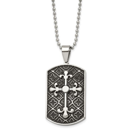 Lex & Lu Chisel Stainless Steel Black Enamel & Cross Dog Tag Necklace 22'' - Lex & Lu