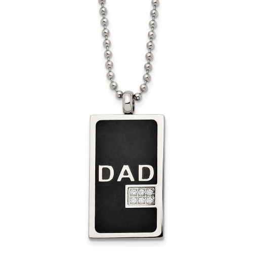 Lex & Lu Chisel Stainless Steel Black-plated & CZ Dad Dog Tag Necklace 24'' - Lex & Lu