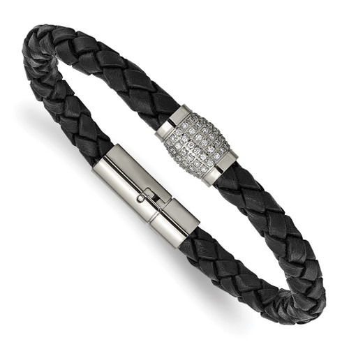 Lex & Lu Chisel Titanium Polished CZs Black Leather Bracelet - Lex & Lu