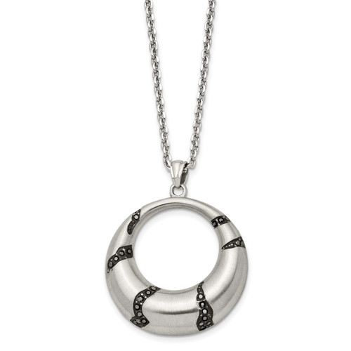 Lex & Lu Chisel Stainless Steel w/Black Oil & Crystal Circle Necklace 20'' - Lex & Lu