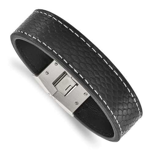 Lex & Lu Chisel Stainless Steel Polished Black Leather Bracelet 8'' LAL41148 - Lex & Lu